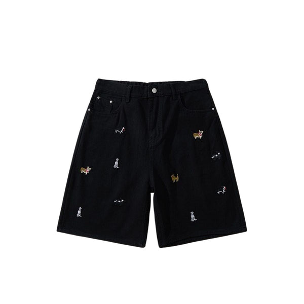 Dog Embroidery Loose Fit Denim Shorts