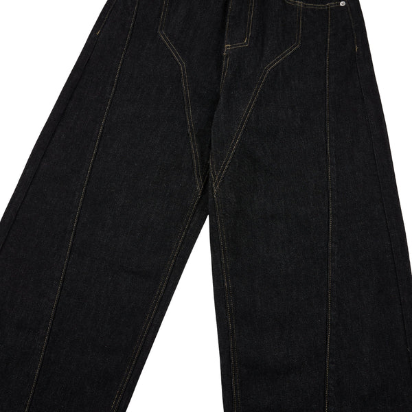 Raw Yellow-Stitch Wide-Leg Curved Baggy Denim Pants