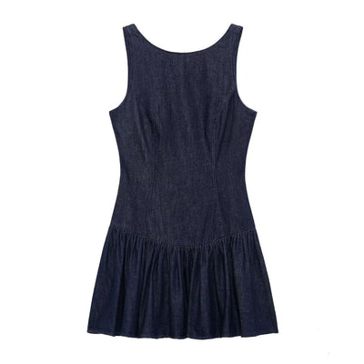Low-Cut Back Ruffle Mini Denim Dress