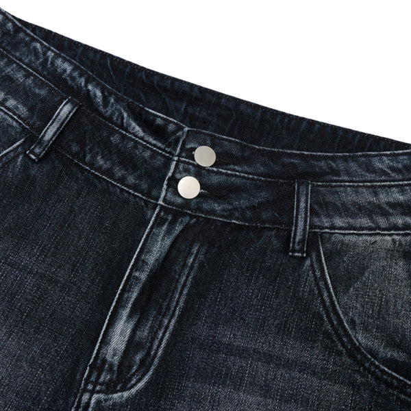 Double-Button Whiskered Wide-Leg Denim Shorts