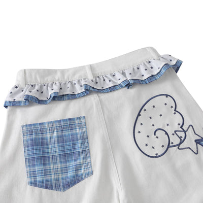 Washed Star Print Ruffle Waist Plaid Relaxed Bermuda Shorts