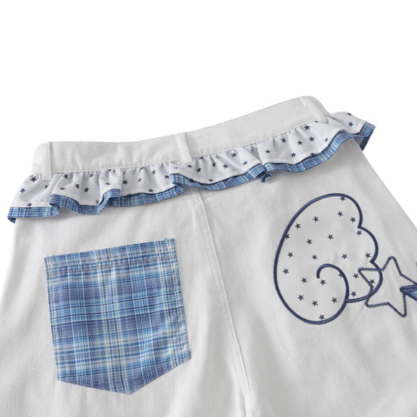 Washed Star Print Ruffle Waist Plaid Relaxed Bermuda Shorts
