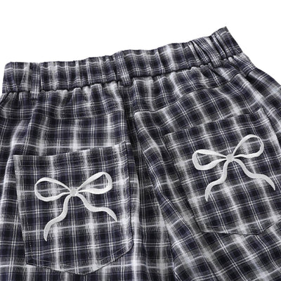 Washed Plaid Graphic Patchwork Bow Detail Relaxed Wide-Leg Capri Denim Pants