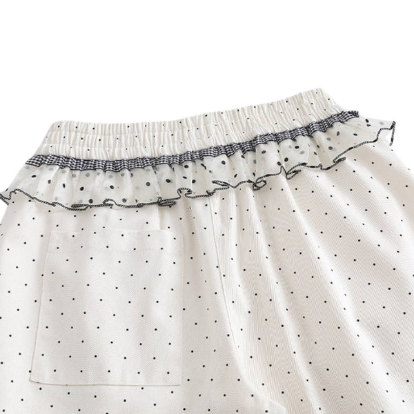 Y2K Polka Dot Graphic Ruffle Waist Baggy Wide-Leg Bermuda Denim Shorts