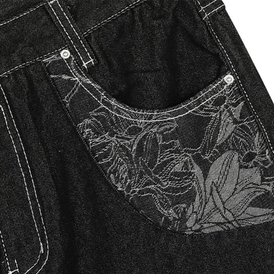 Men's Embroidered Denim Wide Leg Pants Street Vibe Unique Pockets