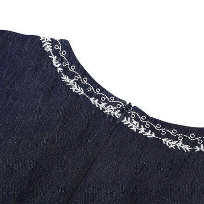 Embroidery Sleeveless Belted Denim Midi Dress