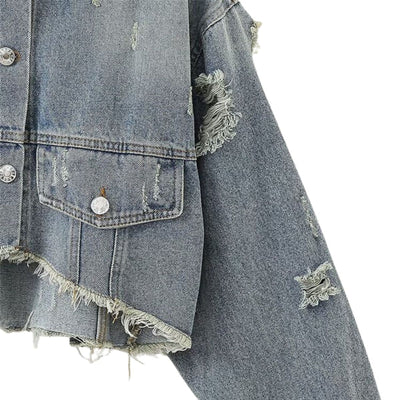 Asymmetrical Hem Cropped Ripped Denim Jacket