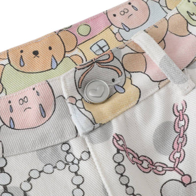 Washed Rabbit Print Polka Dot Bow Detail Relaxed Wide-Leg Bermuda Shorts