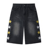 Star Print Washed Denim Capri Shorts