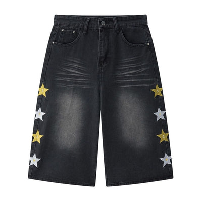 Star Print Washed Denim Capri Shorts