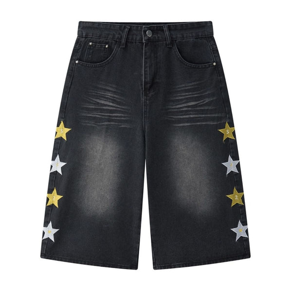 Star Print Washed Denim Capri Shorts