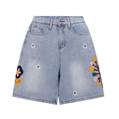 Floral Embroidery Washed Denim Shorts