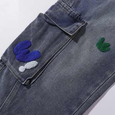 Embroidered Patch Denim Cargo Jeans with Striped Detail