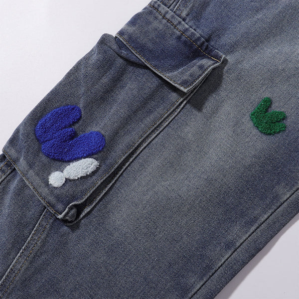 Embroidered Patch Denim Cargo Jeans with Striped Detail