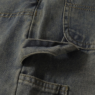 Utility Distressed Straight Leg Denim Jeans