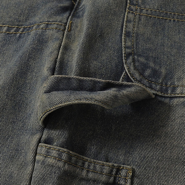 Utility Distressed Straight Leg Denim Jeans