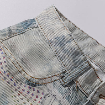 Digital Print Vintage Style Faux Denim Jeans