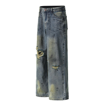 Vintage Washed Ripped Wide-Leg Jeans