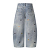 Washed Faded Dog-Embroidered Barrel-Leg Jeans