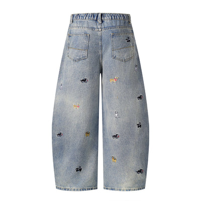 Washed Faded Dog-Embroidered Barrel-Leg Jeans