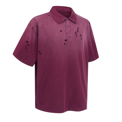 Retro Distressed Cotton Vintage Wash Polo T-Shirt