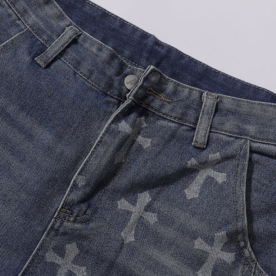 Cross Print Wide Leg Denim Jeans