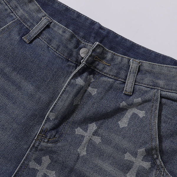 Cross Print Wide Leg Denim Jeans