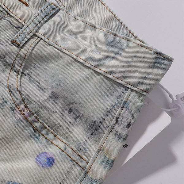 Digital Print Vintage Style Faux Denim Jeans