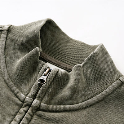 Vintage Zip-Up Ribbed Stand Collar Sweatshirt
