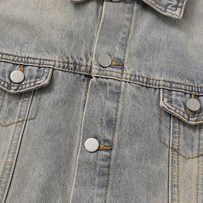 Unisex Retro Street style Distressed Washed Blue&yellow Mud-dyed Denim Jacket