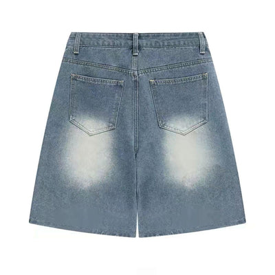 Floral Embroidery Washed Denim Shorts