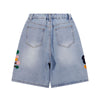 Floral Embroidery Washed Denim Shorts
