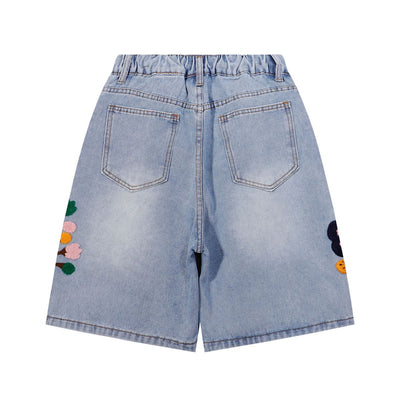 Floral Embroidery Washed Denim Shorts