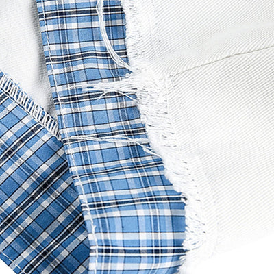 Unisex Retro Blue Petite Loose Plaid Collar Denim Jacket