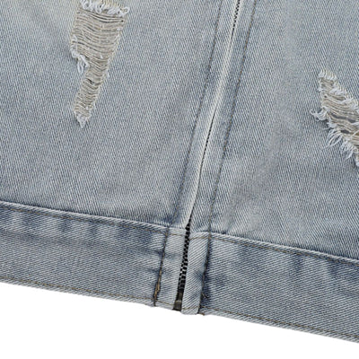 Unisex Retro Distressed Ripped Washed Denim Jacket with Hood