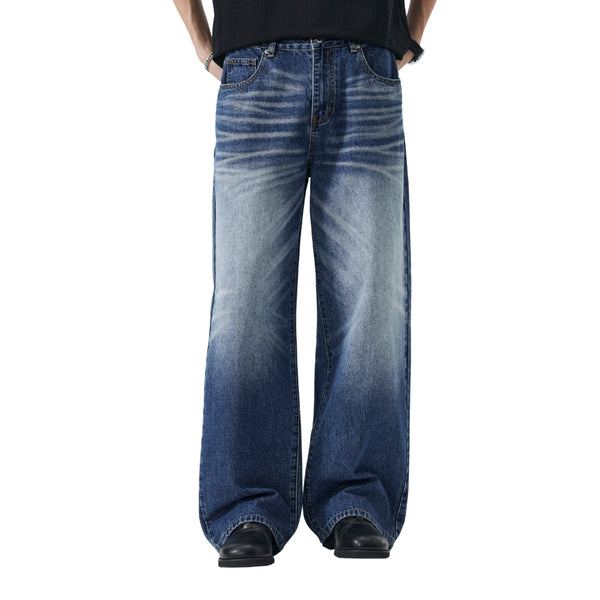 Deep Blue Washed Cat Whisker A-Line Straight Baggy Denim Jeans