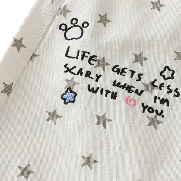 Washed Star Print Wing Detail Relaxed Wide-Leg Cropped Denim Pants