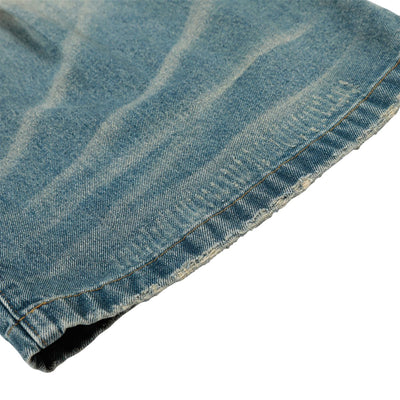 Men's Washed Distressed Denim Pants Loose Wide Leg Pleated Fade