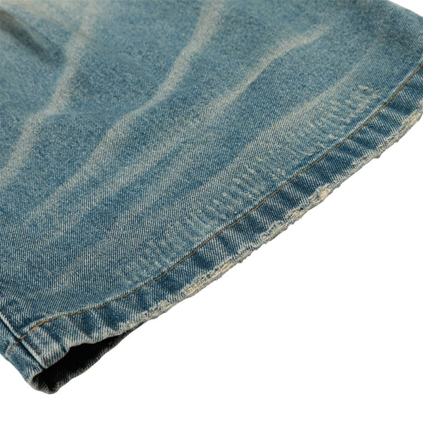 Men's Washed Distressed Denim Pants Loose Wide Leg Pleated Fade