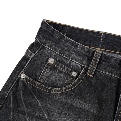 Faded Crackle Wash Baggy Curved Leg Denim Jeans