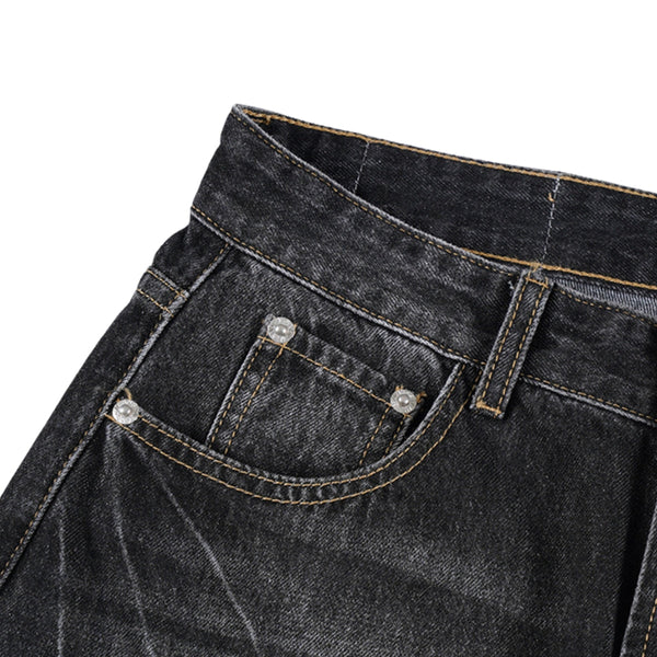 Faded Crackle Wash Baggy Curved Leg Denim Jeans