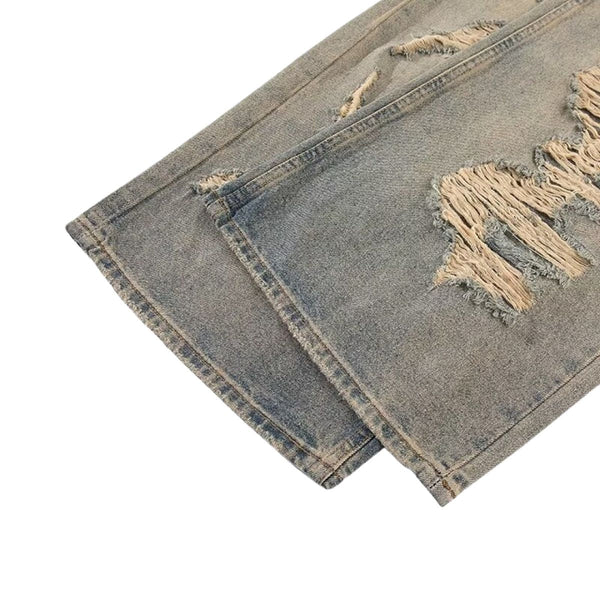 Vintage Distressed Wide Straight Leg Denim Jeans