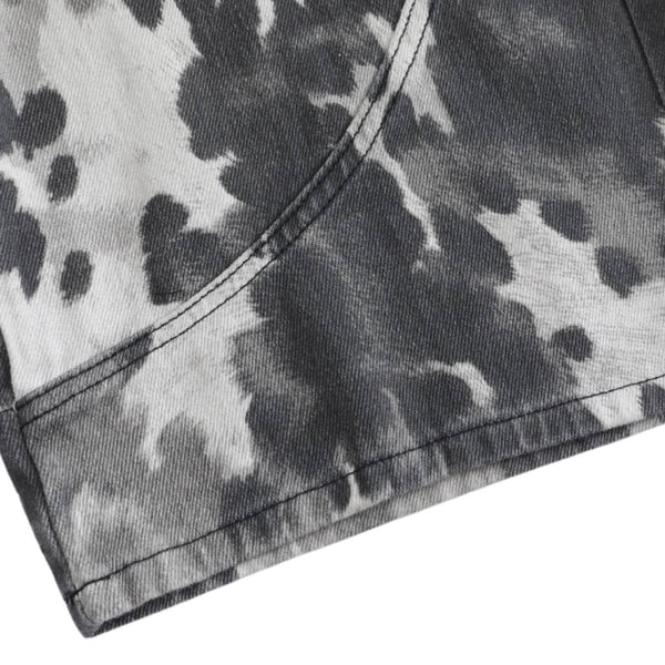 Washed Ink Dye Cow Print Cargo Pocket Relaxed Wide-Leg Bermuda Denim Shorts