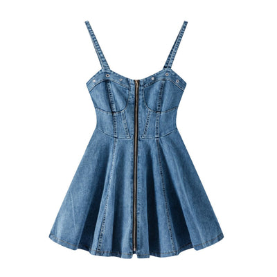 Front-Zip Smocked Denim Mini Dress