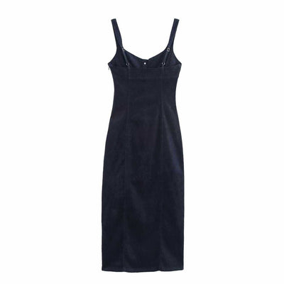 Decorative Button Strappy Denim Maxi Dress