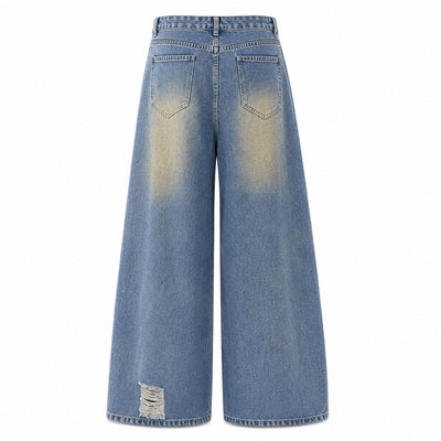 Distressed Barrel Leg Denim Jeans with Heavy Rip Details