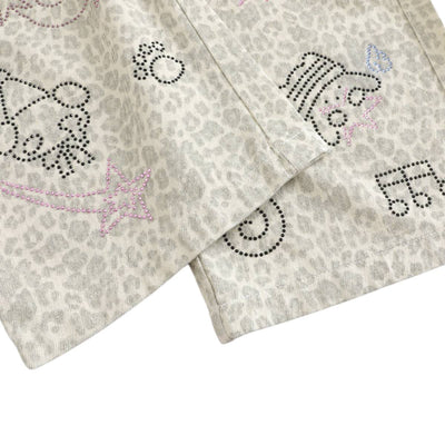 Leopard Print Polka Dot Ruffle Waist Rhinestone Graffiti Wide-Leg Jeans