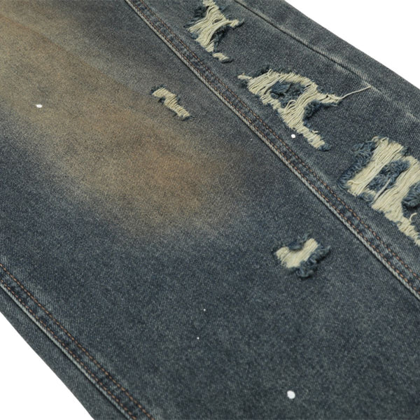 Men's Curved Denim Pants Wide Leg Distressed Paint Splatter Holes