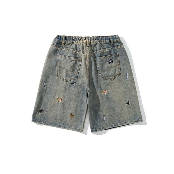 Dog Embroidery Loose Fit Denim Shorts