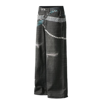 Vintage Washed Black Wide-Leg Printed Jeans